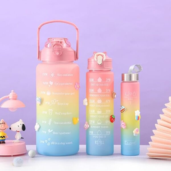 MY SHOP Unbreakable 3PCS 3in1 Motivational Water Bottle with Time Marker Sipper Straw and Stickers 2000ml/900ml/300ml Leakproof Measuring Set for Office Gym Travel Sports School - Image 6